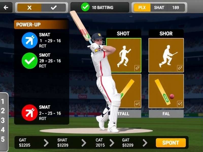 Basket Cricket Genius batting interface showing shot options and power-ups